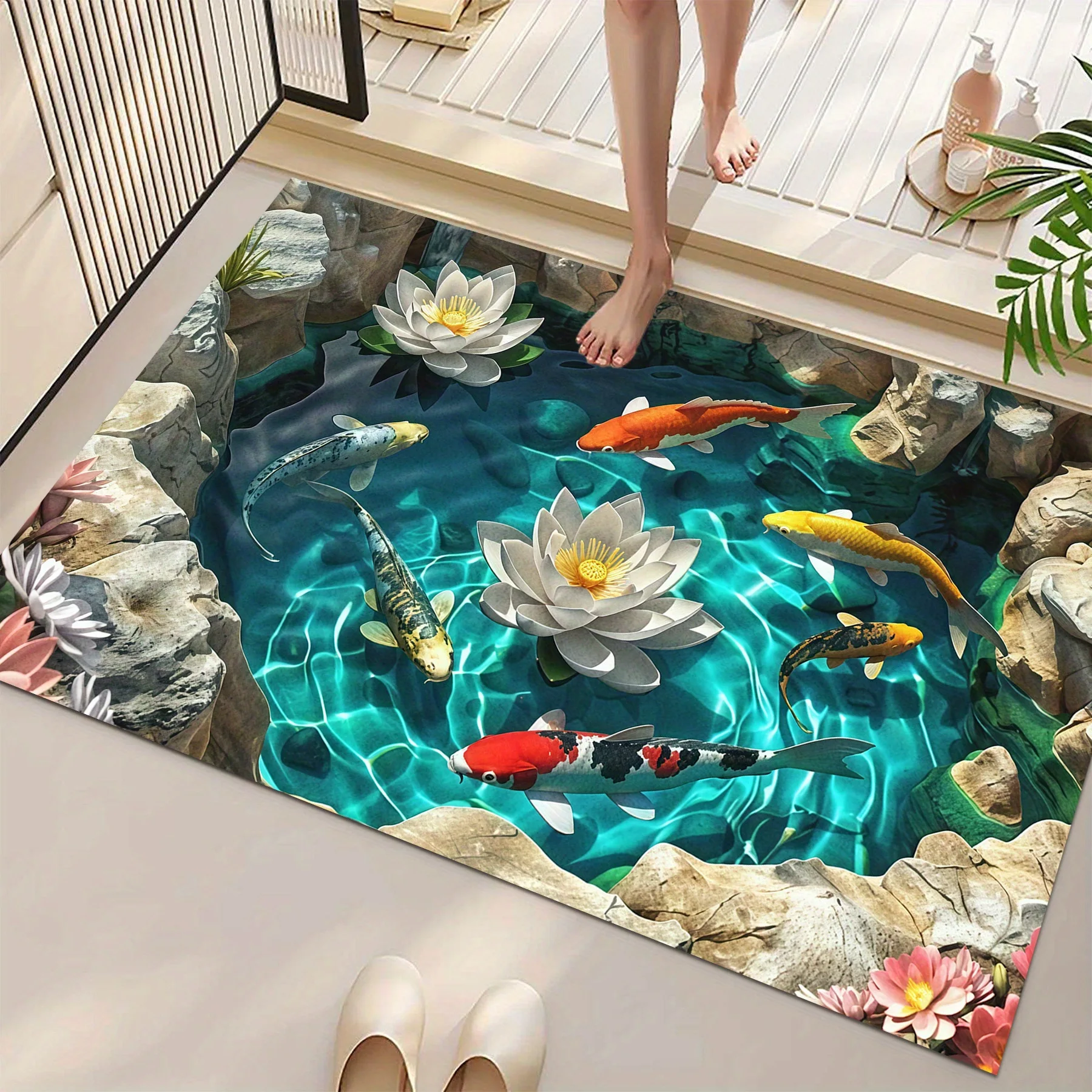Planted Aquarium Carpet Plant - พรมเช็ดเท้าลายปลาคาร์ฟ 2 มิติ และดอกบัว กันลื่น สำหรับใช้ในบ้าน